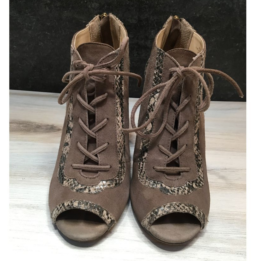 Isola Women's Size 6.5 Brea Peep Toe Heel Bootie Taupe Gray Suede Snake Print